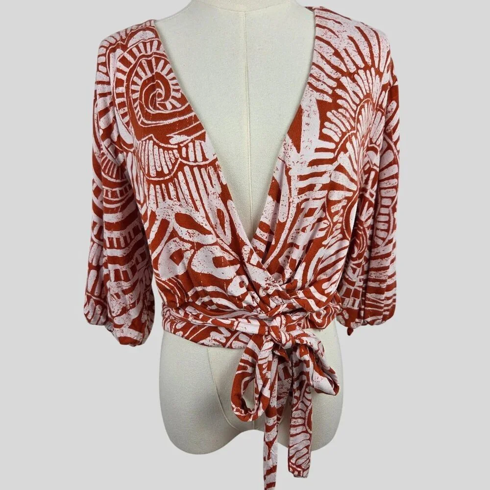 Anthropologie Bodi Blouse Sz M Faux Wrap Tie Cropped Orange Boho Short Sleeve